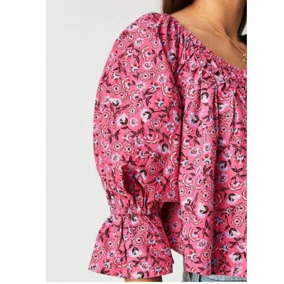 NWT Free People James Smock Top Boho $128 SMALL Pink Floral Smock Style Cropped - Picture 2 of 4